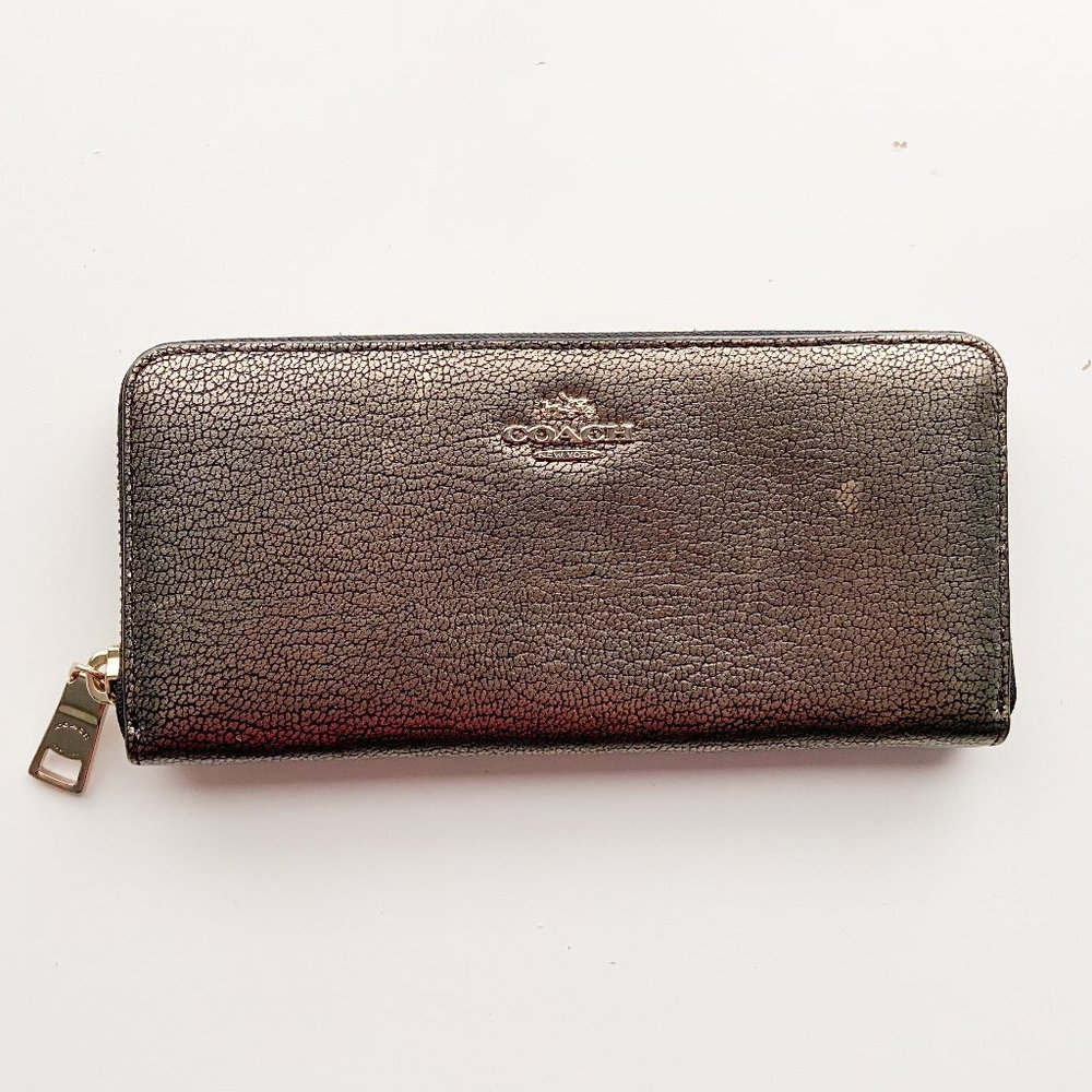 Coach Gold Black Pebble Leather Embossed Zippered Wallet
